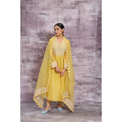 Label Niti Bothra Yellow Dori Embroidered Frock Style Kurta With Palazzo