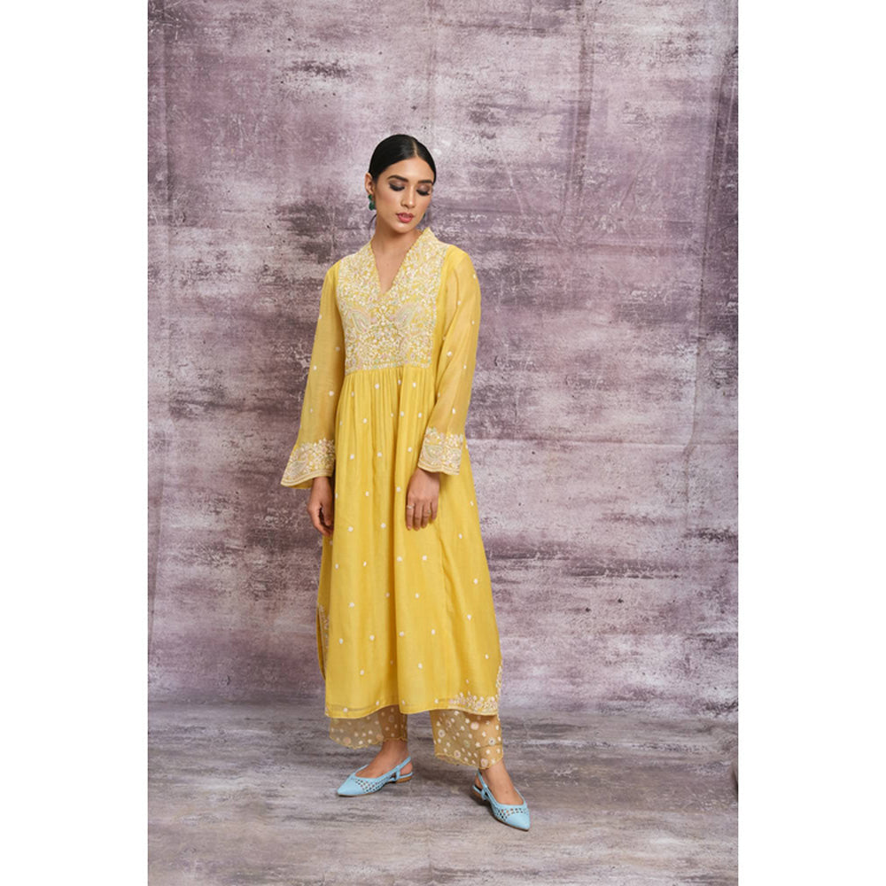 Label Niti Bothra Yellow Dori Embroidered Frock Style Kurta With Palazzo