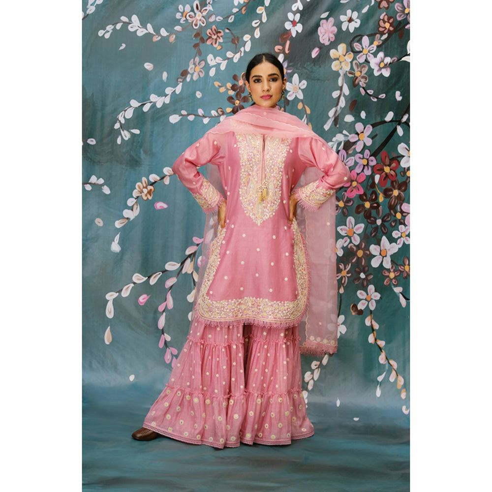 Label Niti Bothra Pink Dori Embroidered Kurta With Sharara And Dupatta