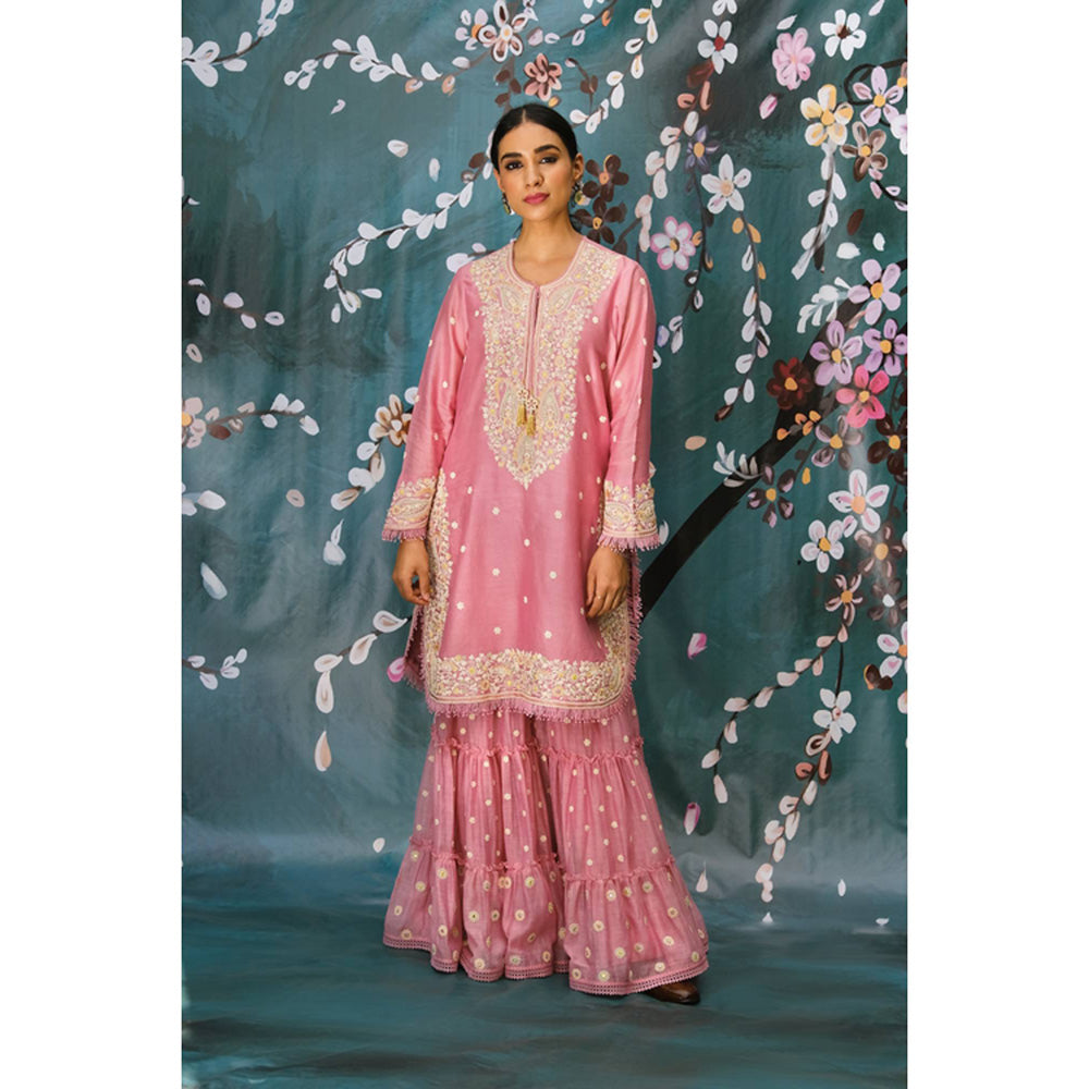 Label Niti Bothra Pink Dori Embroidered Kurta With Sharara And Dupatta
