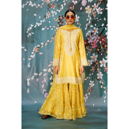 Label Niti Bothra Yellow Dori Embroidered Kurta With Sharara And Dupatta