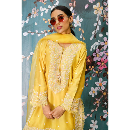 Label Niti Bothra Yellow Dori Embroidered Kurta With Sharara And Dupatta