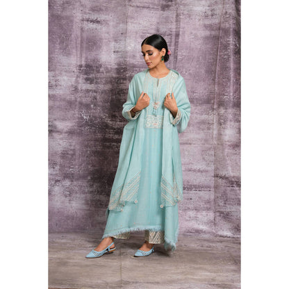 Label Niti Bothra Light Blue Dori Embroidered Yoke Long Kurta With Palazzo And Dupatta