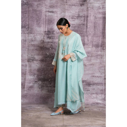 Label Niti Bothra Light Blue Dori Embroidered Yoke Long Kurta With Palazzo And Dupatta