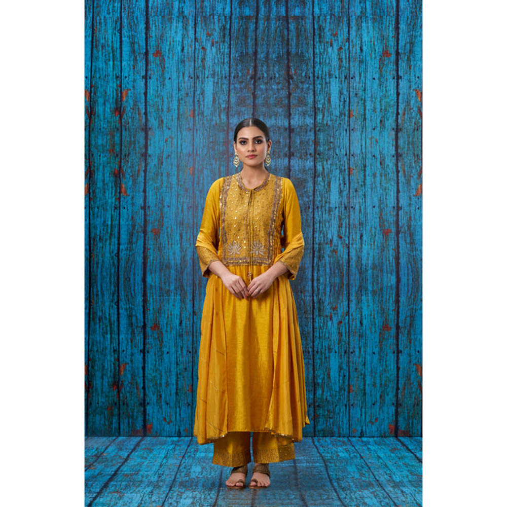 Label Niti Bothra Mustard Lotus Yoke Heavy Neck Kurta With Palazzo