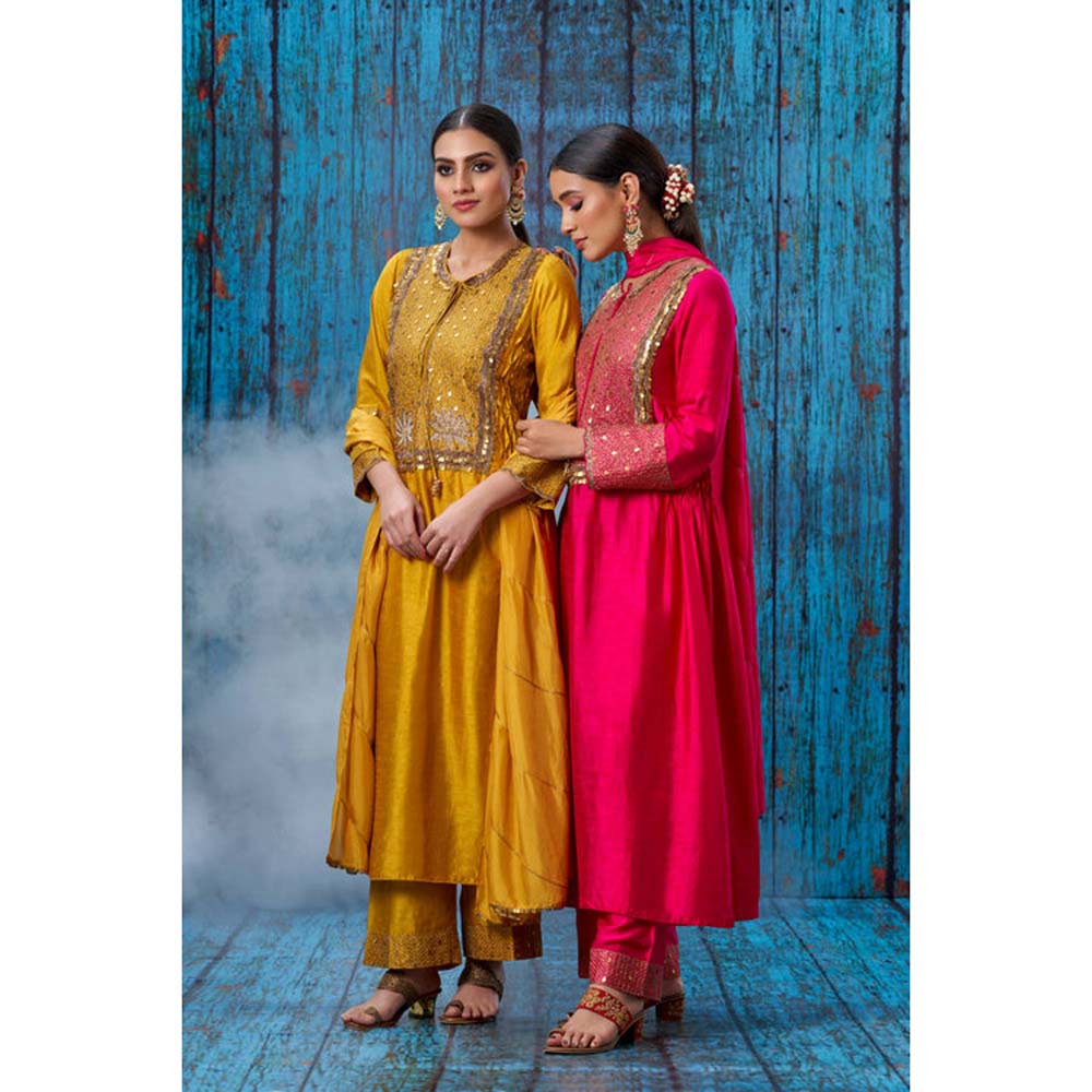 Label Niti Bothra Mustard Lotus Yoke Heavy Neck Kurta With Palazzo