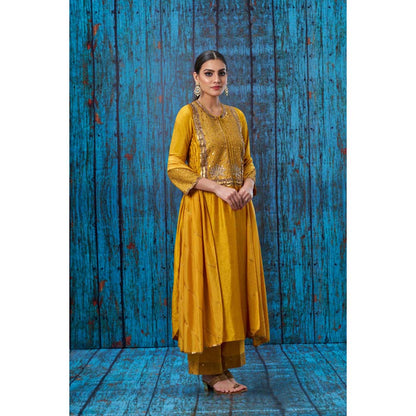 Label Niti Bothra Mustard Lotus Yoke Heavy Neck Kurta With Palazzo