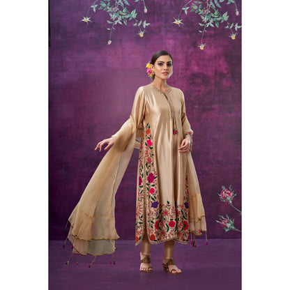 Label Niti Bothra Beige Floral Embroidered Long Kurta With Pant And Dupatta