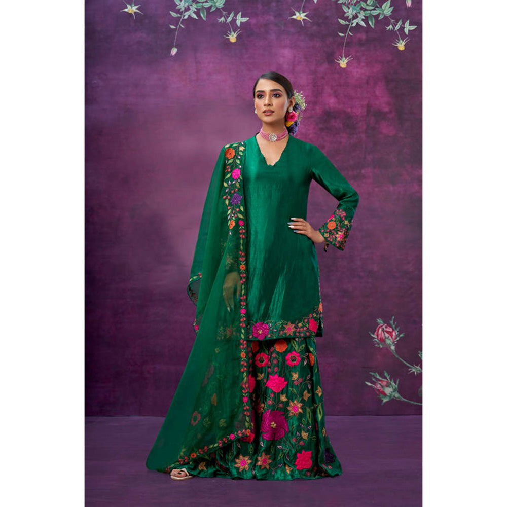Label Niti Bothra Green Floral Embroidered Kurta With Sharara And Dupatta