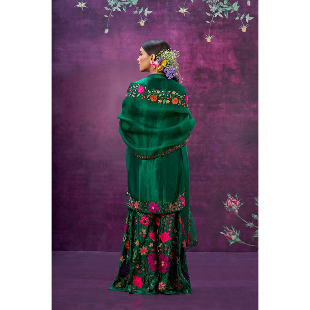 Label Niti Bothra Green Floral Embroidered Kurta With Sharara And Dupatta