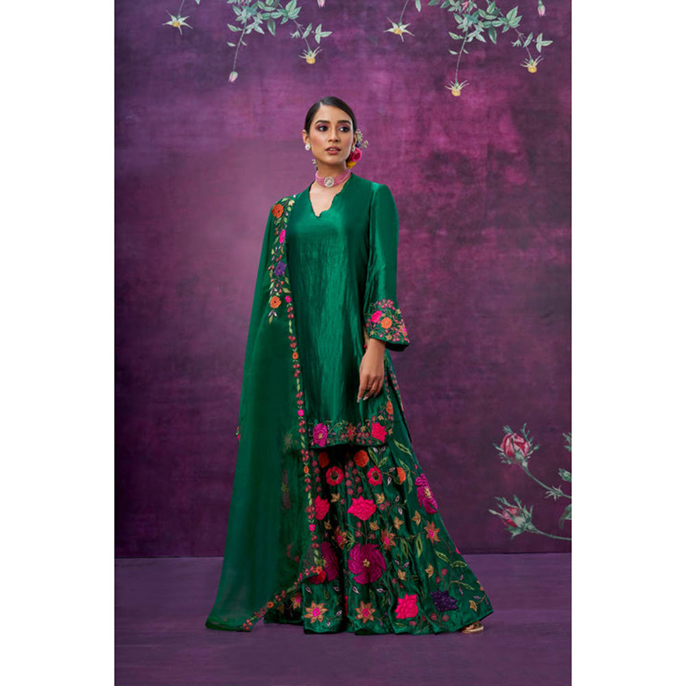 Label Niti Bothra Green Floral Embroidered Kurta With Sharara And Dupatta