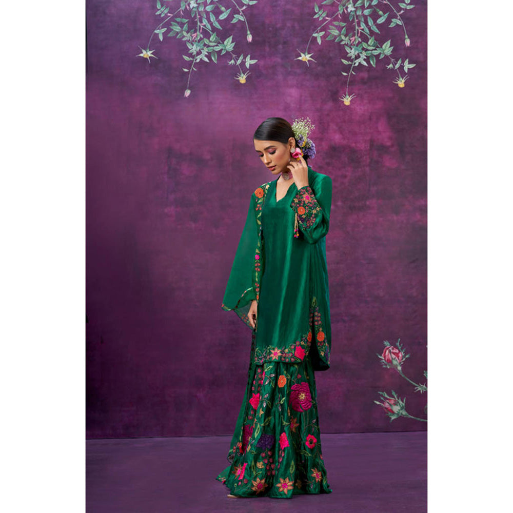 Label Niti Bothra Green Floral Embroidered Kurta With Sharara And Dupatta