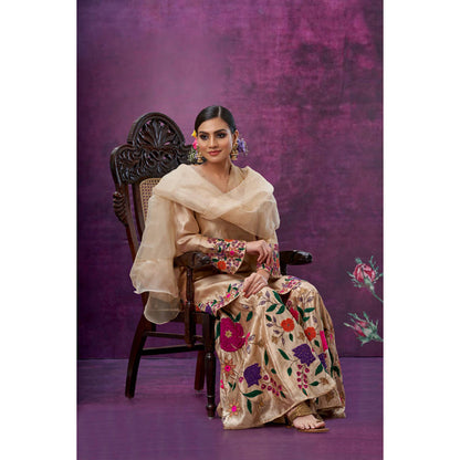 Label Niti Bothra Beige Floral Embroidered Kurta With Sharara And Dupatta