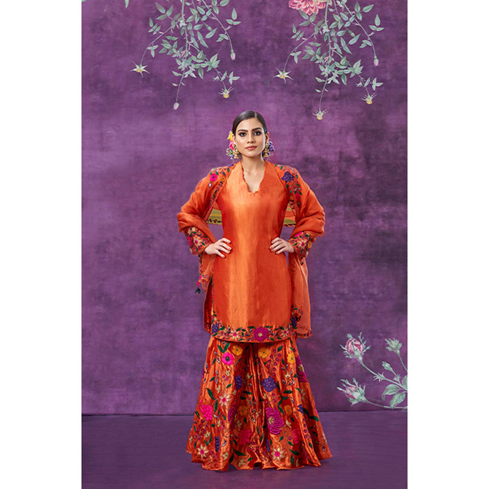 Label Niti Bothra Orange Floral Embroidered Kurta With Sharara And Dupatta