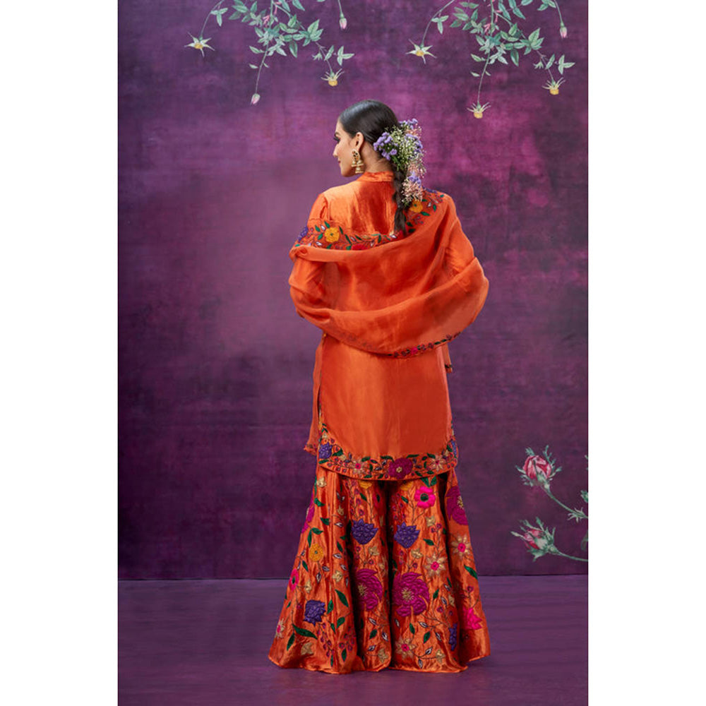 Label Niti Bothra Orange Floral Embroidered Kurta With Sharara And Dupatta