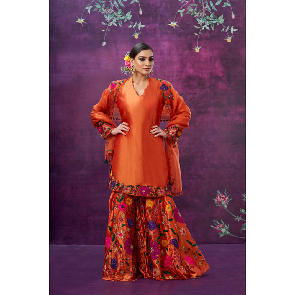 Label Niti Bothra Orange Floral Embroidered Kurta With Sharara And Dupatta