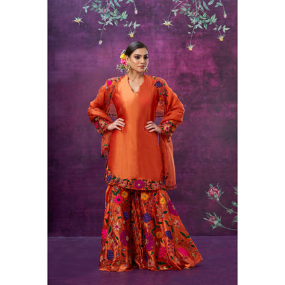 Label Niti Bothra Orange Floral Embroidered Kurta With Sharara And Dupatta