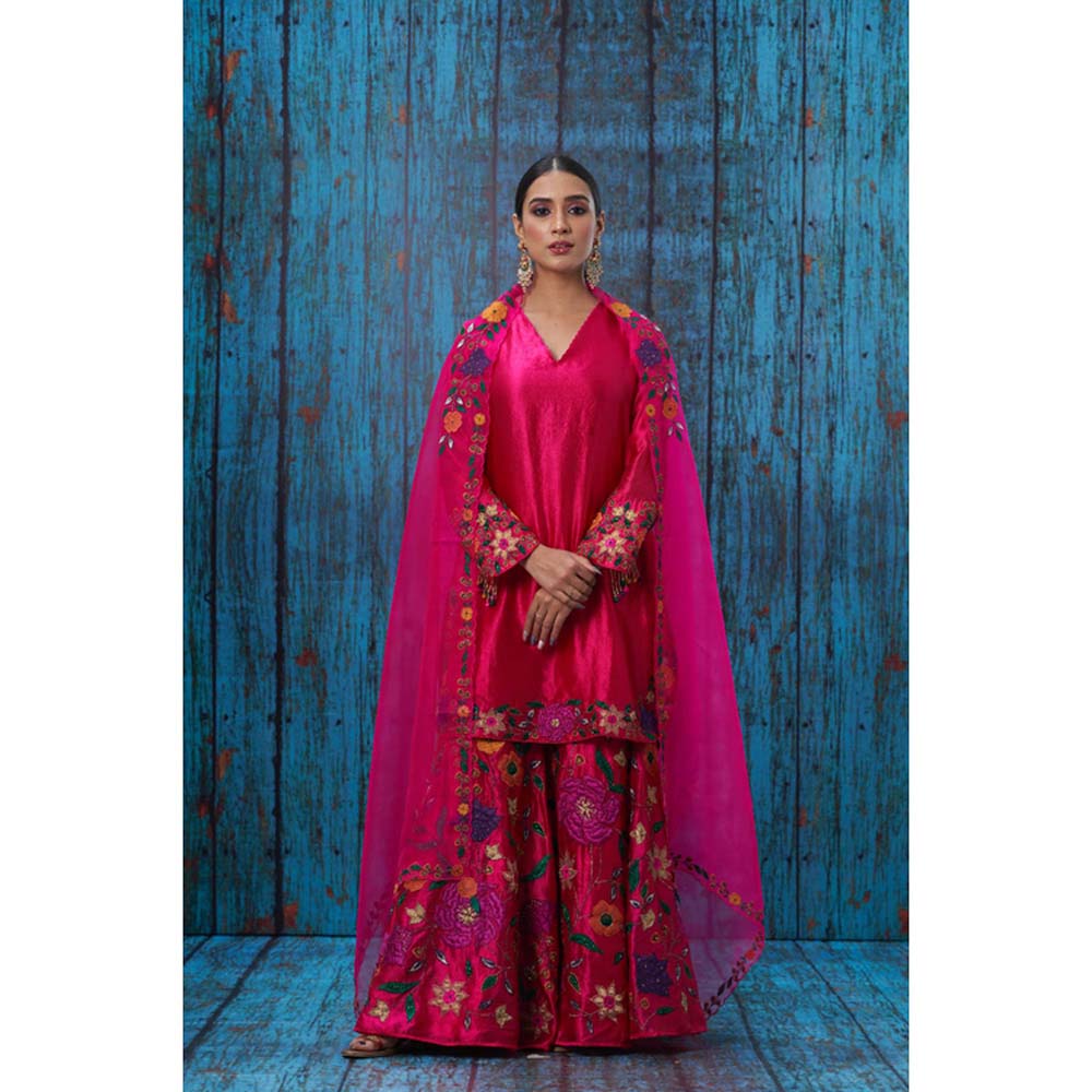 Label Niti Bothra Pink Floral Embroidered Kurta With Sharara And Dupatta