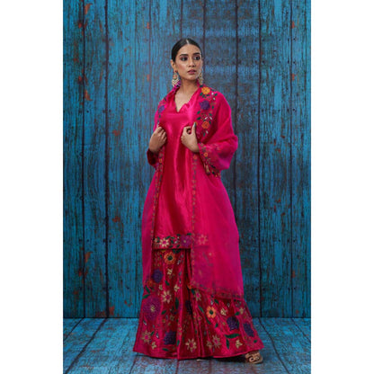 Label Niti Bothra Pink Floral Embroidered Kurta With Sharara And Dupatta