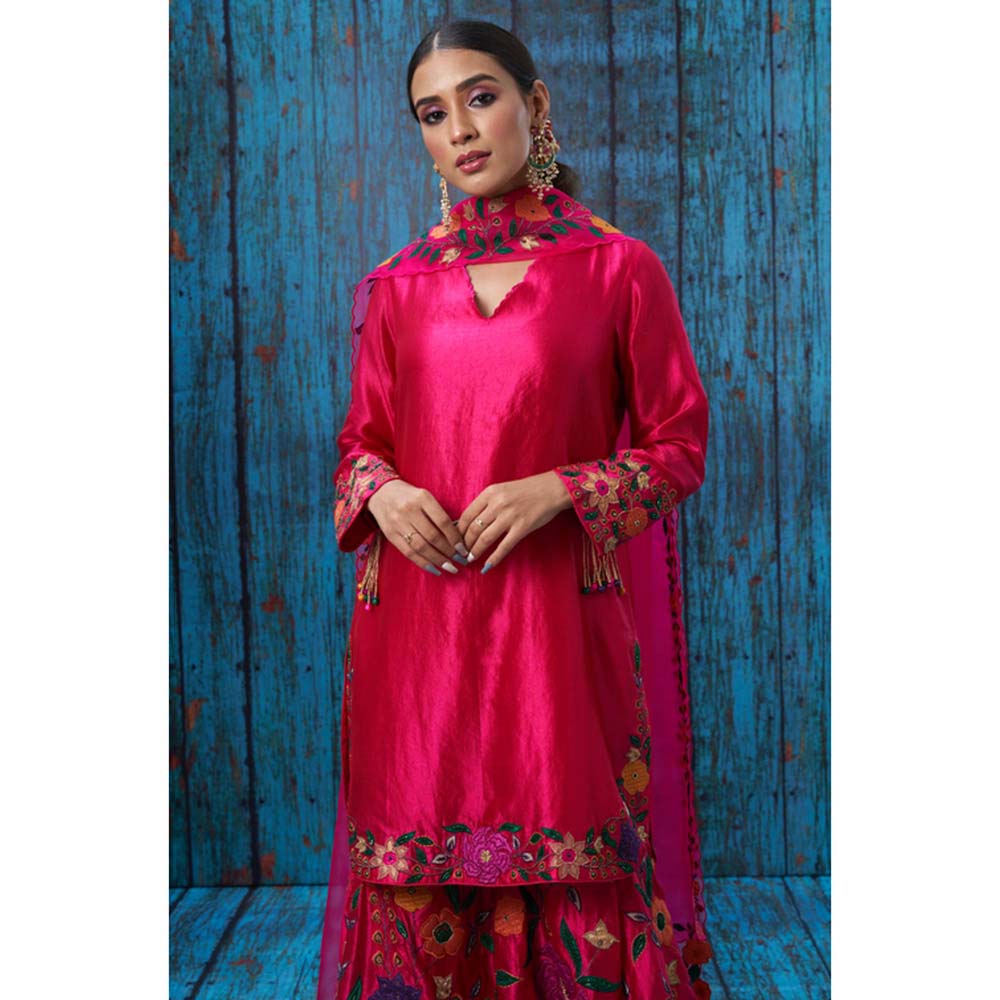 Label Niti Bothra Pink Floral Embroidered Kurta With Sharara And Dupatta
