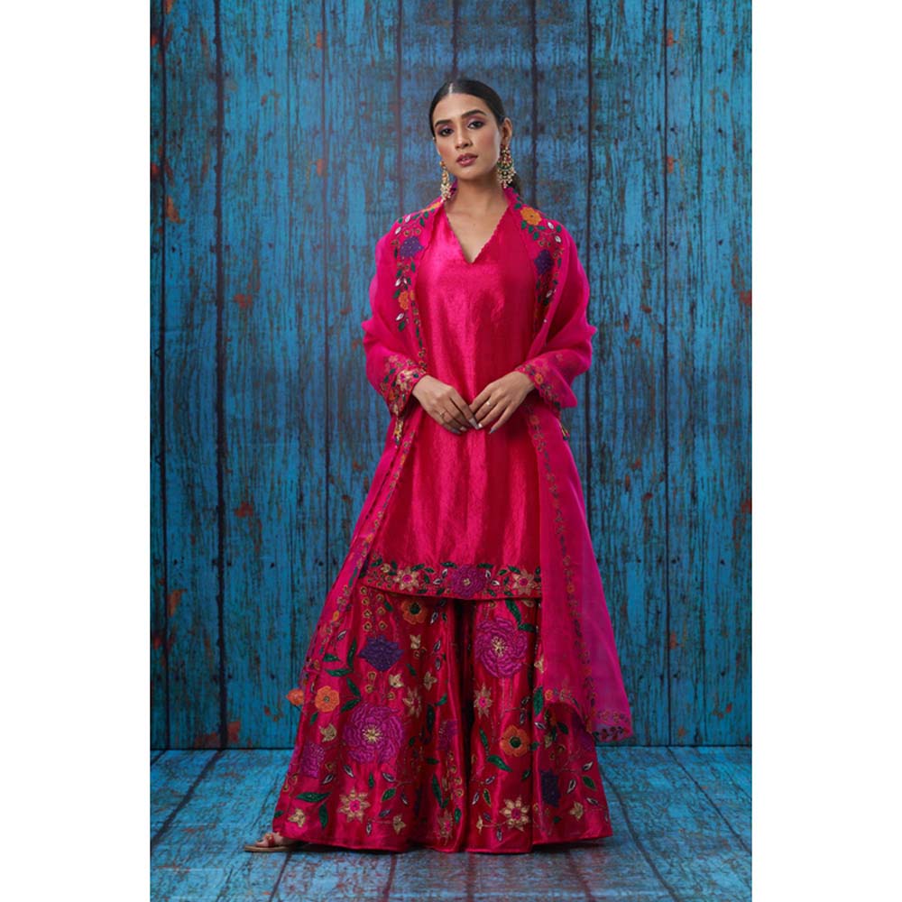 Label Niti Bothra Pink Floral Embroidered Kurta With Sharara And Dupatta