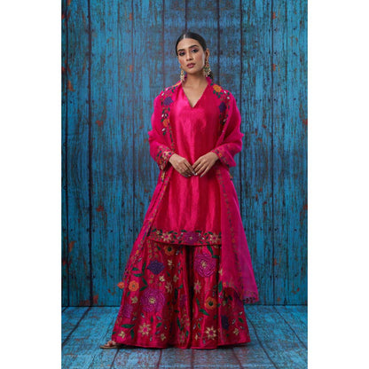 Label Niti Bothra Pink Floral Embroidered Kurta With Sharara And Dupatta