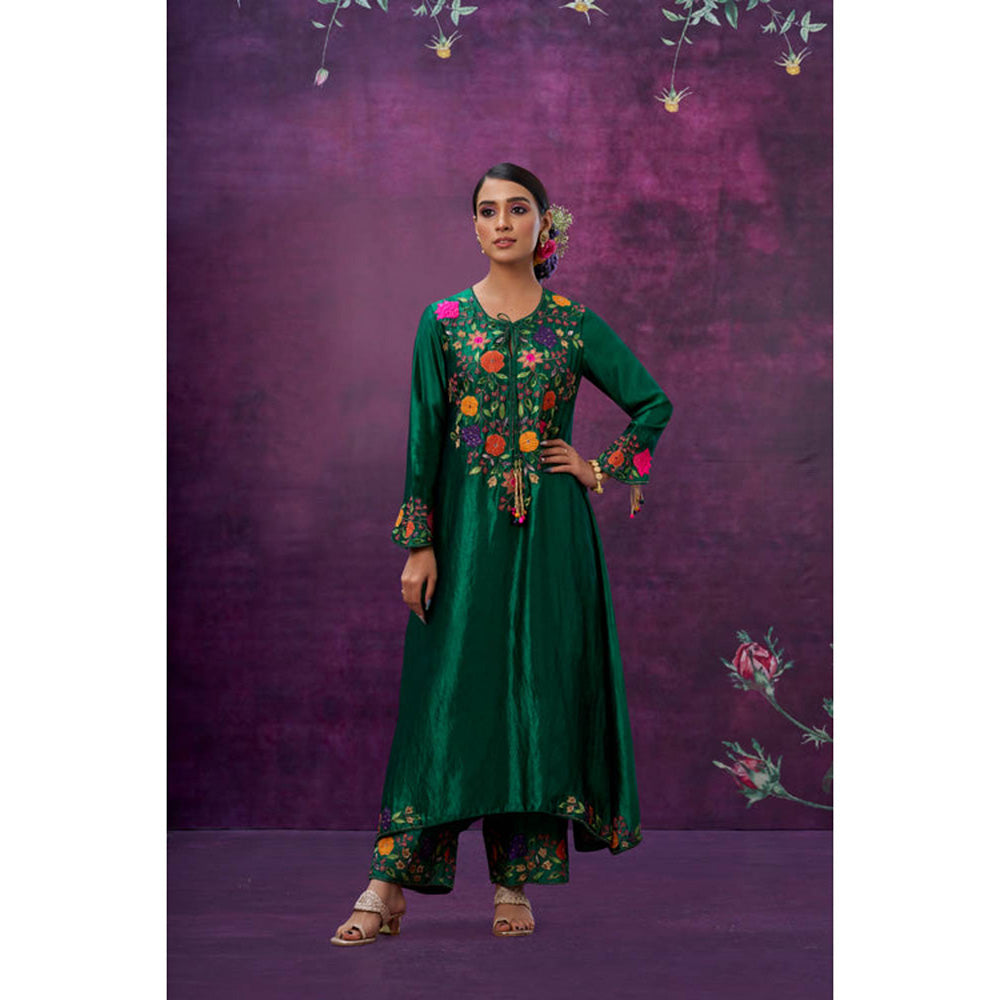 Label Niti Bothra Green Floral Embroidered Yoke Kurta With Palazzo