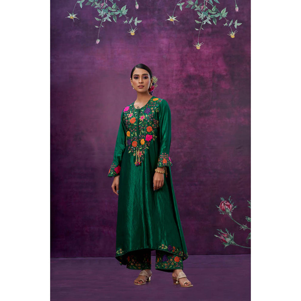 Label Niti Bothra Green Floral Embroidered Yoke Kurta With Palazzo