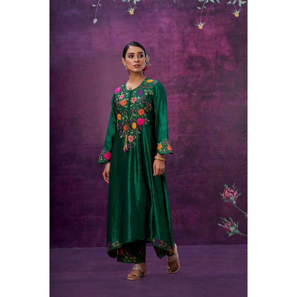 Label Niti Bothra Green Floral Embroidered Yoke Kurta With Palazzo