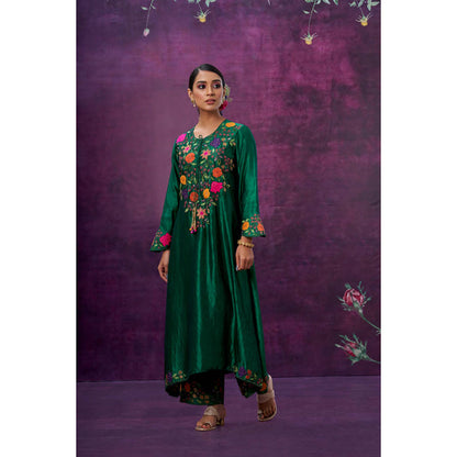 Label Niti Bothra Green Floral Embroidered Yoke Kurta With Palazzo