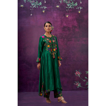 Label Niti Bothra Green Floral Embroidered Yoke Kurta With Palazzo