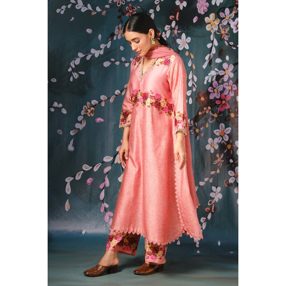 Label Niti Bothra Pink Vintage Rose Style Kurta With Palazzo And Dupatta