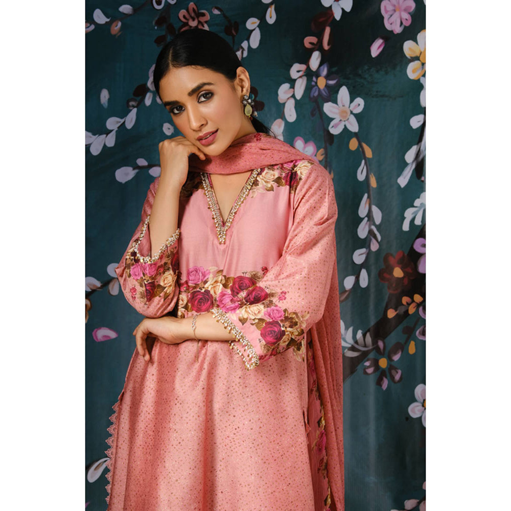 Label Niti Bothra Pink Vintage Rose Style Kurta With Palazzo And Dupatta