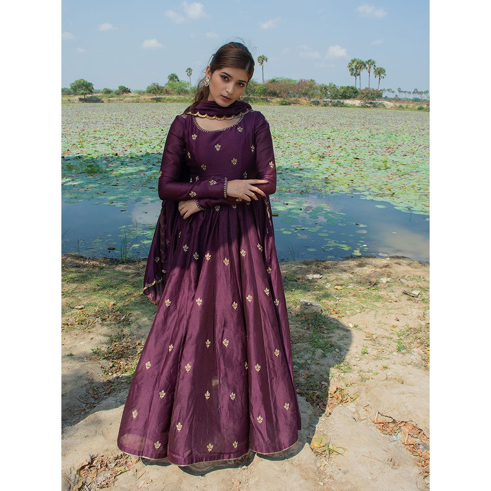 LABEL KIARSH Burgundy Anarkali with Dupatta and Pant (Set of 3)
