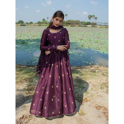 LABEL KIARSH Burgundy Anarkali with Dupatta and Pant (Set of 3)
