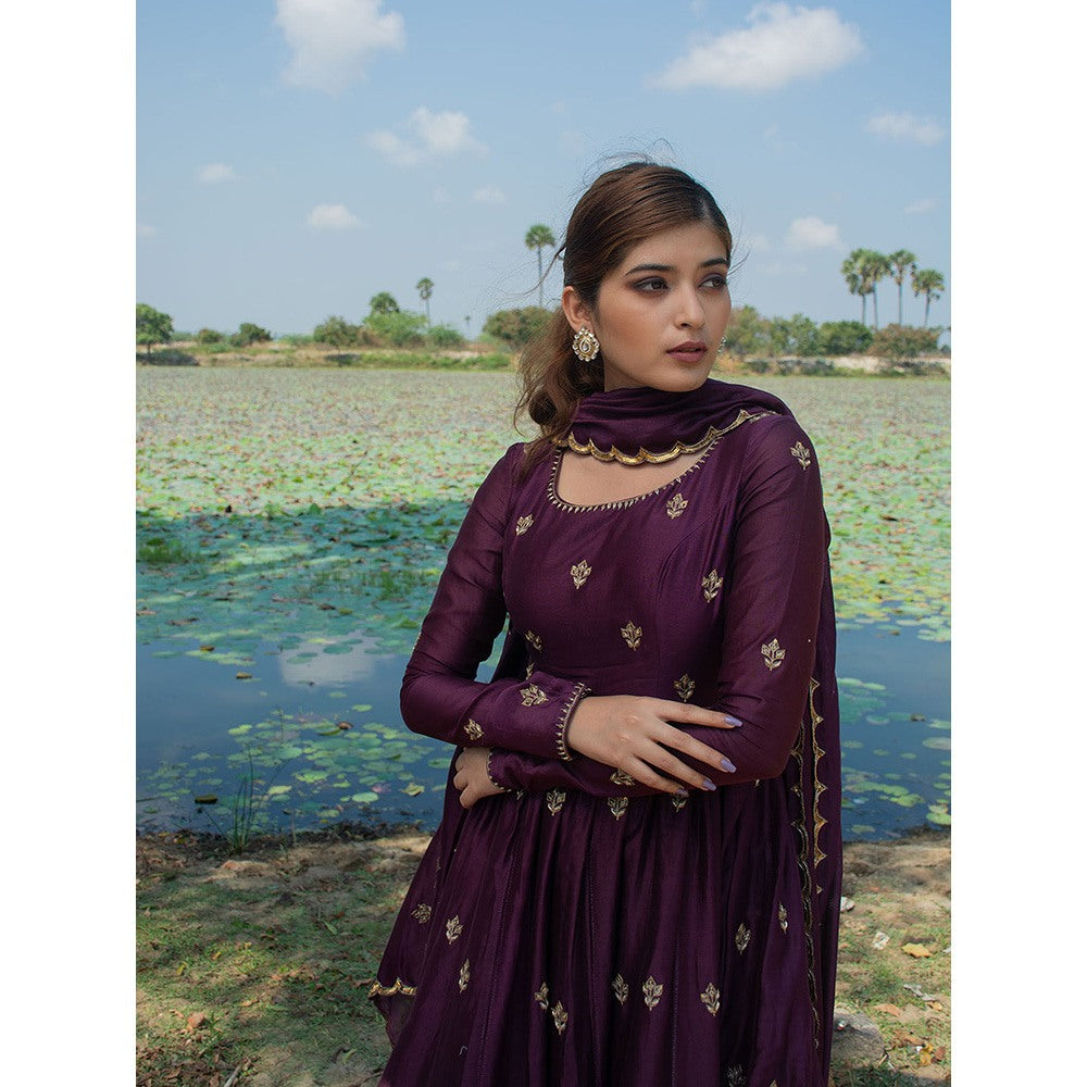 LABEL KIARSH Burgundy Anarkali with Dupatta and Pant (Set of 3)