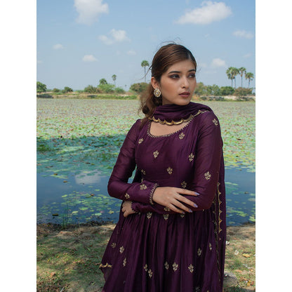 LABEL KIARSH Burgundy Anarkali with Dupatta and Pant (Set of 3)