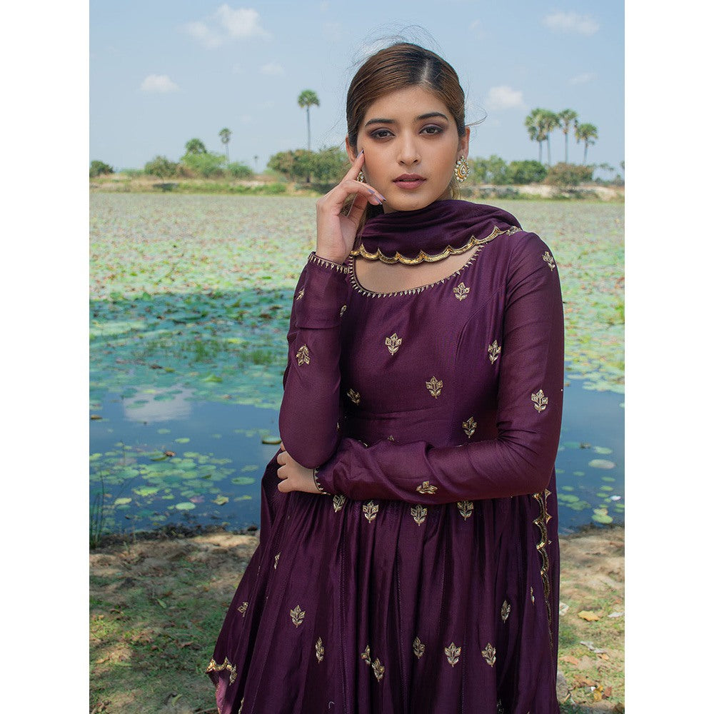 LABEL KIARSH Burgundy Anarkali with Dupatta and Pant (Set of 3)