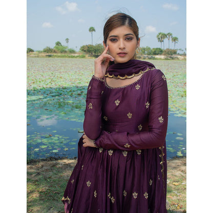 LABEL KIARSH Burgundy Anarkali with Dupatta and Pant (Set of 3)