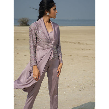 LABEL KIARSH Mauve Embellished Draped Jacket Suit with Bustier (Set of 3)