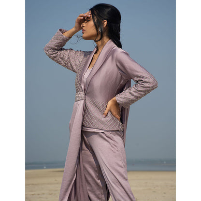 LABEL KIARSH Mauve Embellished Draped Jacket Suit with Bustier (Set of 3)