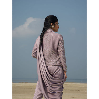 LABEL KIARSH Mauve Embellished Draped Jacket Suit with Bustier (Set of 3)