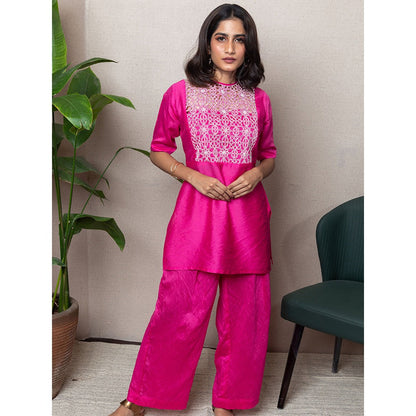LABEL KIARSH Fuchsia Pink Embellished Cut Work Kurta with Flared Pants (Set of 2)