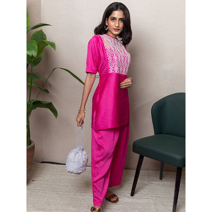 LABEL KIARSH Fuchsia Pink Embellished Cut Work Kurta with Flared Pants (Set of 2)