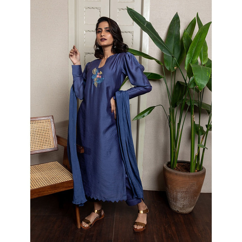 LABEL KIARSH Blue Puffed Sleeved Embellished Kurta (Set of 3)