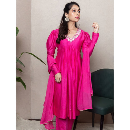 LABEL KIARSH Pink Embellished Puffed Sleeved Kurta with Dupatta (Set of 3)