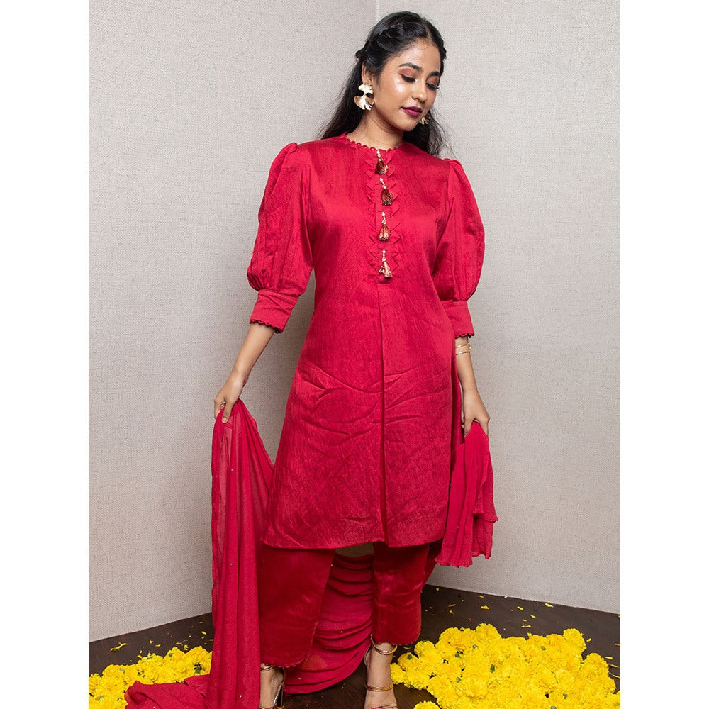 LABEL KIARSH Red Balloon Sleeved Kurti with Dupattta (Set of 3)