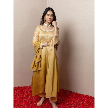 LABEL KIARSH Ombre Mustard Embellished Kurti with Dupatta (Set of 3)