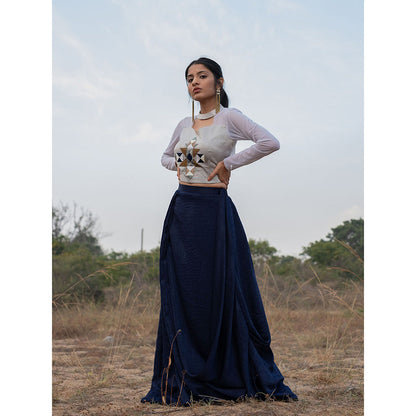 LABEL KIARSH Imperial Blue Draped Lehenga with Embroidered Choli (Set of 2)