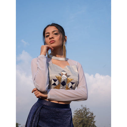 LABEL KIARSH Imperial Blue Draped Lehenga with Embroidered Choli (Set of 2)